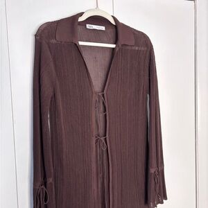 Zara 🤎 Chocolate Brown Sheer Cardigan with darling little bow ties